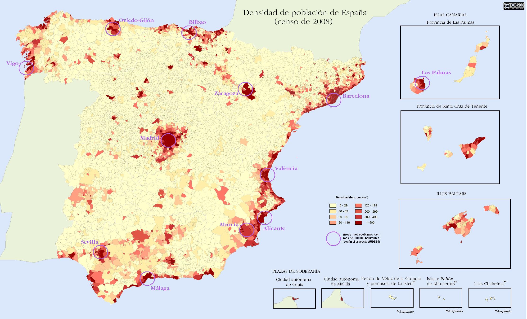 Map of Spain population population density and structure of population