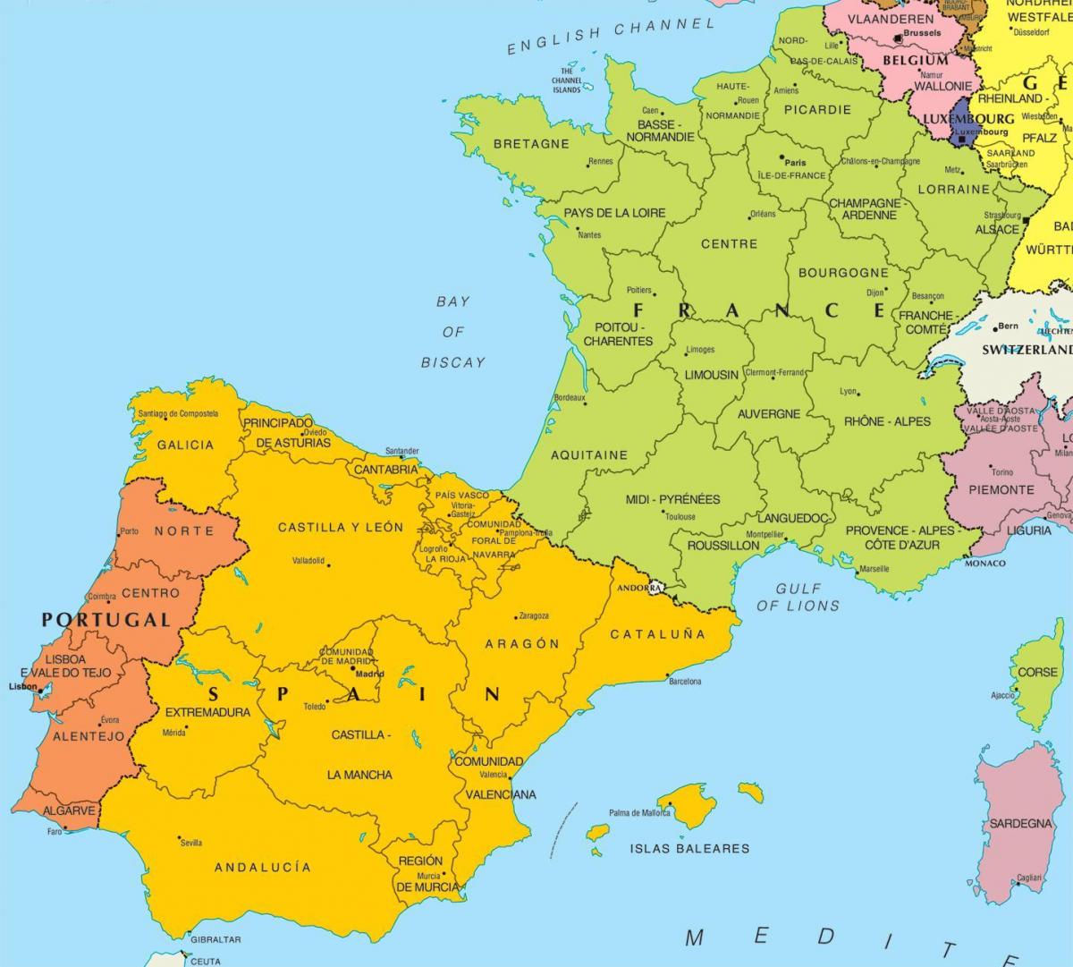 Map of Spain and bordering countries