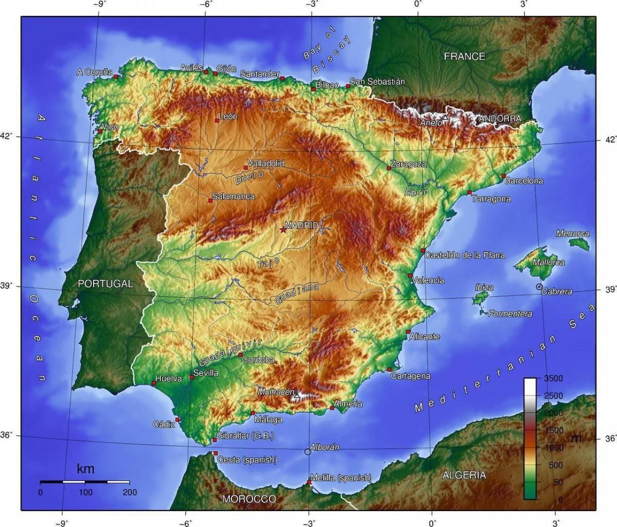 Spain altitude map